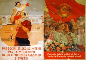 Soviet propaganda poster depicting Latvia "joining" the USSR. From the Museum of Occupation. Notice that Latvians don't write in Cyrillic.